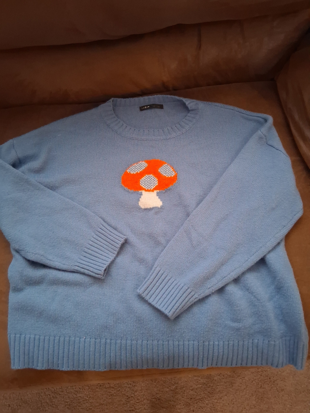 SHEIN Sz 8 Women's Blue Knit Sweater w/ Orange Mushroom  Excellent Condition